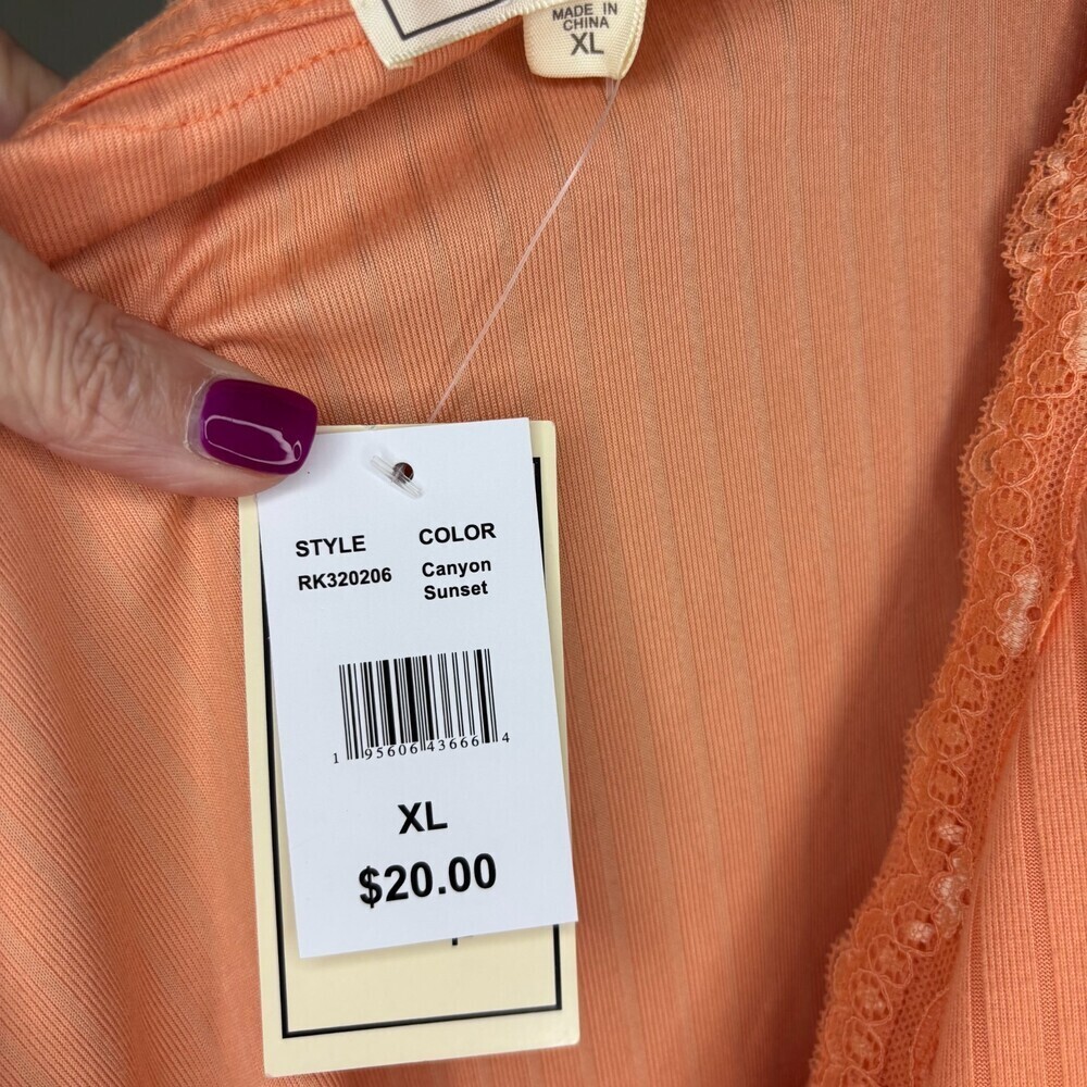 NO COMMENT NEW Knit Ribbed V-Neck Top Womens XL Lace Orange Tie Cropped Short Sl - Picture 7 of 8